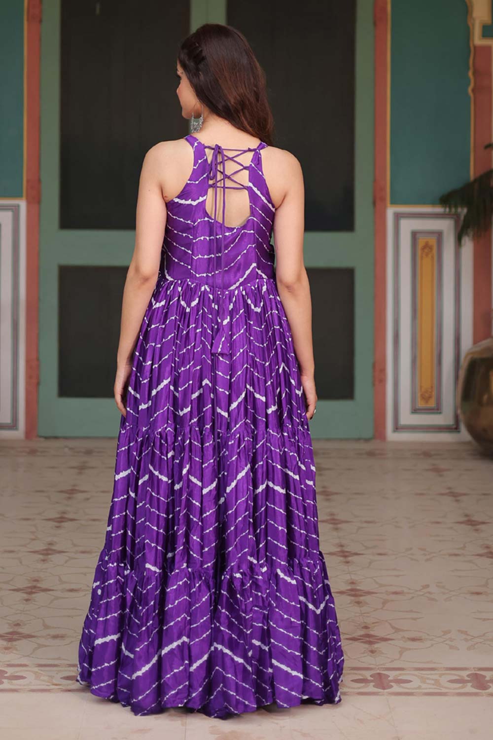 Purple Chinon Leheriya Print Navaratri Gown