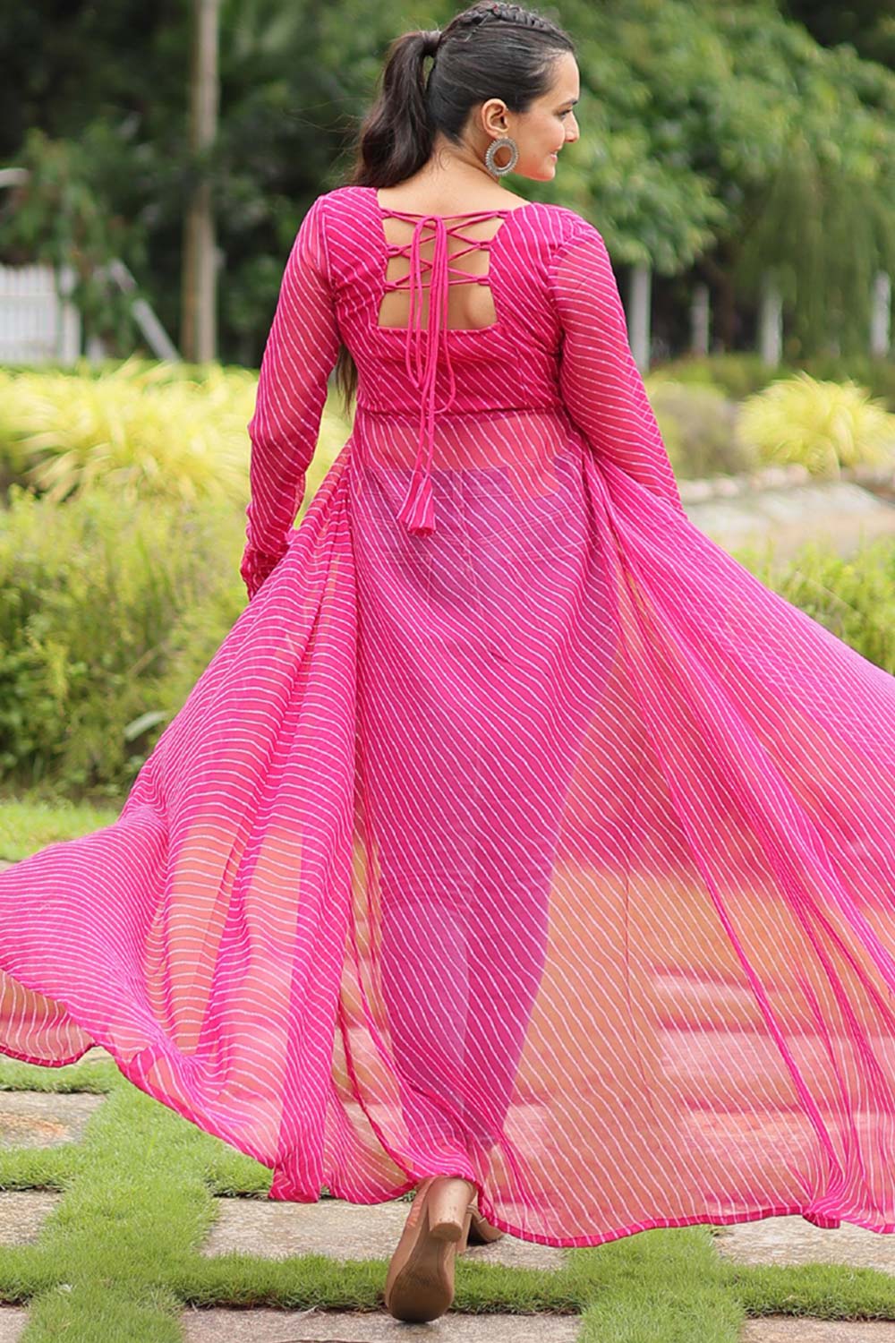 Pink Faux Georgette Leheriya Print Navaratri Kurti