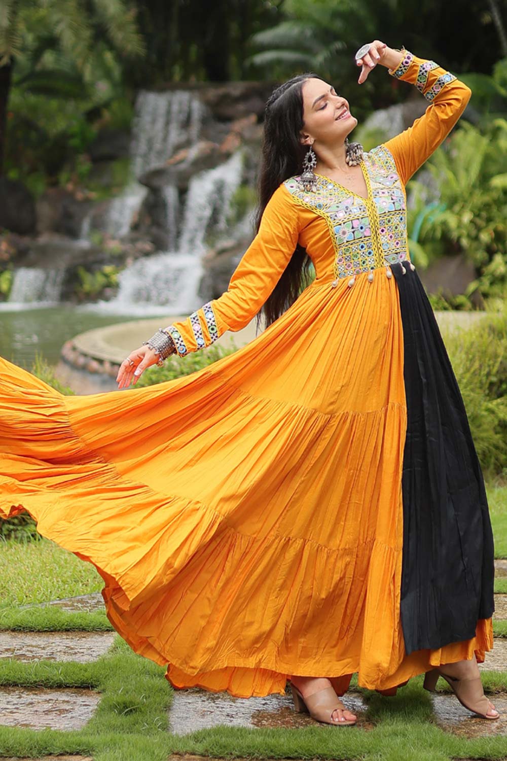 Yellow Rayon With Kutchi Gamthi Work Gown