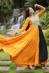 Yellow Rayon With Kutchi Gamthi Work Gown