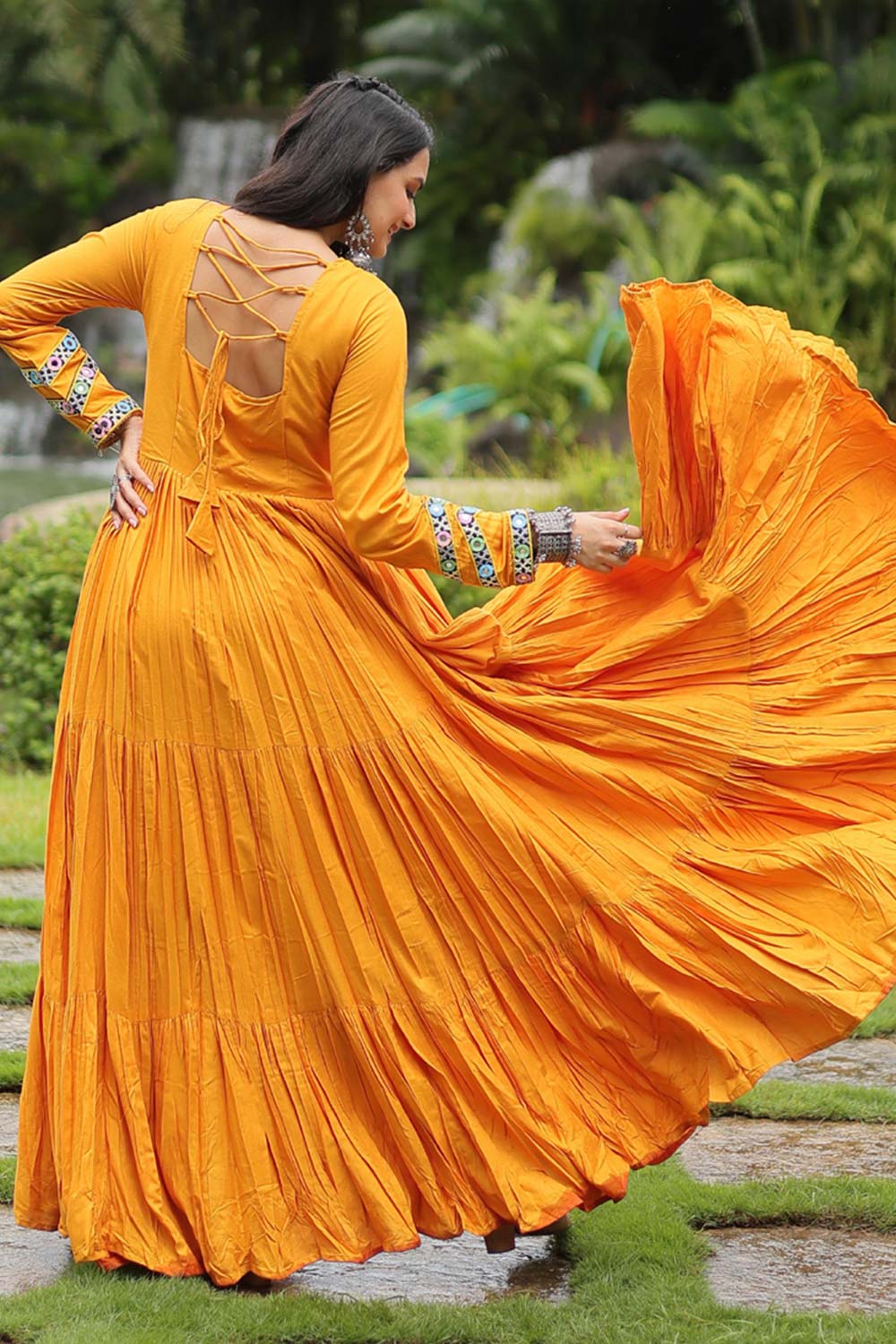 Yellow Rayon With Kutchi Gamthi Work Gown