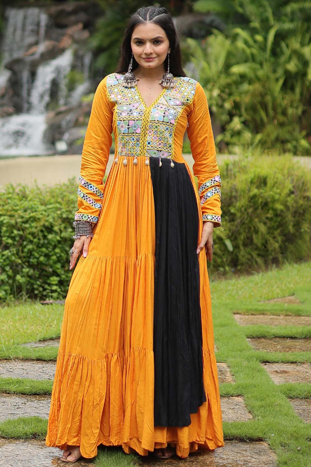 Yellow Rayon With Kutchi Gamthi Work Gown