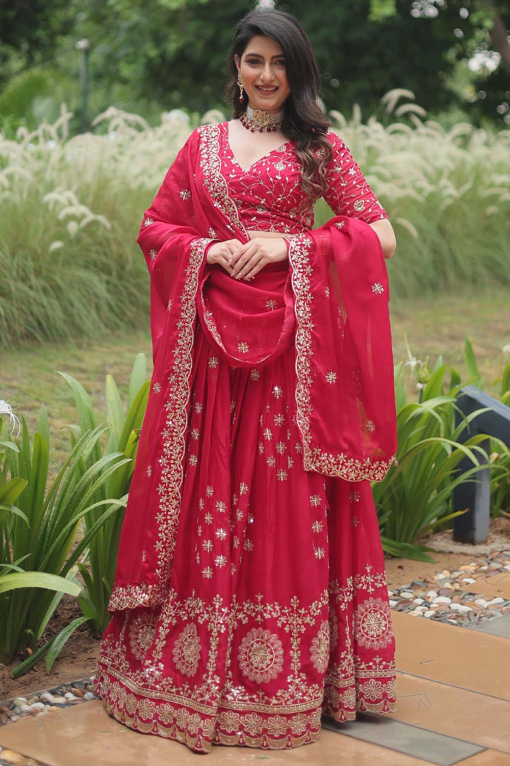 Red Rangoli Silk Embroidered Lehenga