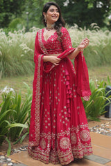 Red Rangoli Silk Embroidered Lehenga