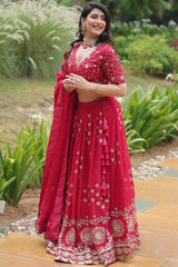 Red Rangoli Silk Embroidered Lehenga