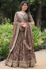 Brown Solid Embroidered Georgette Lehenga Choli Set