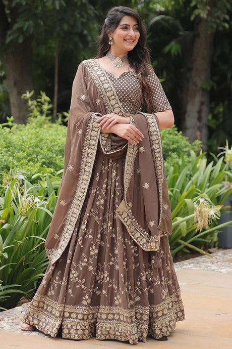 Brown Solid Embroidered Georgette Lehenga Choli Set