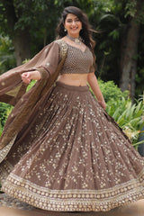 Brown Solid Embroidered Georgette Lehenga Choli Set