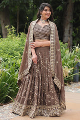 Brown Solid Embroidered Georgette Lehenga Choli Set