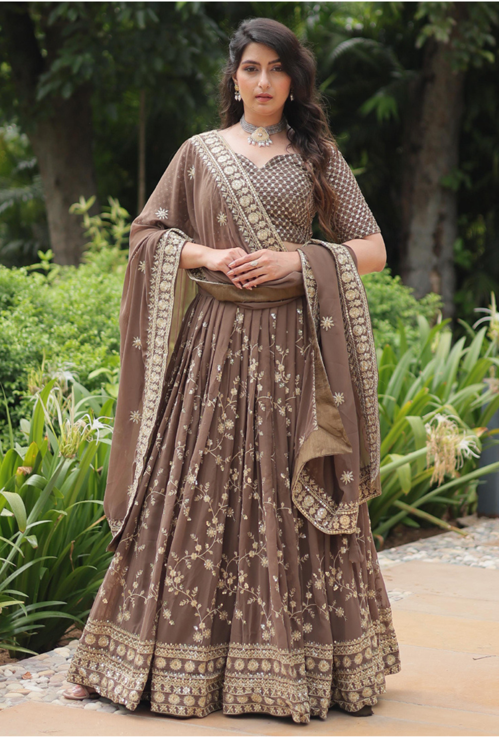 Brown Solid Embroidered Georgette Lehenga Choli Set