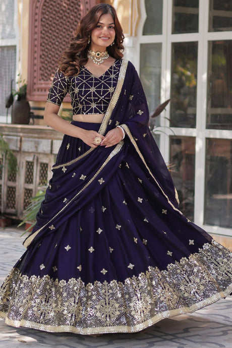 Violet Solid Embroidered Silk Lehenga Choli Set