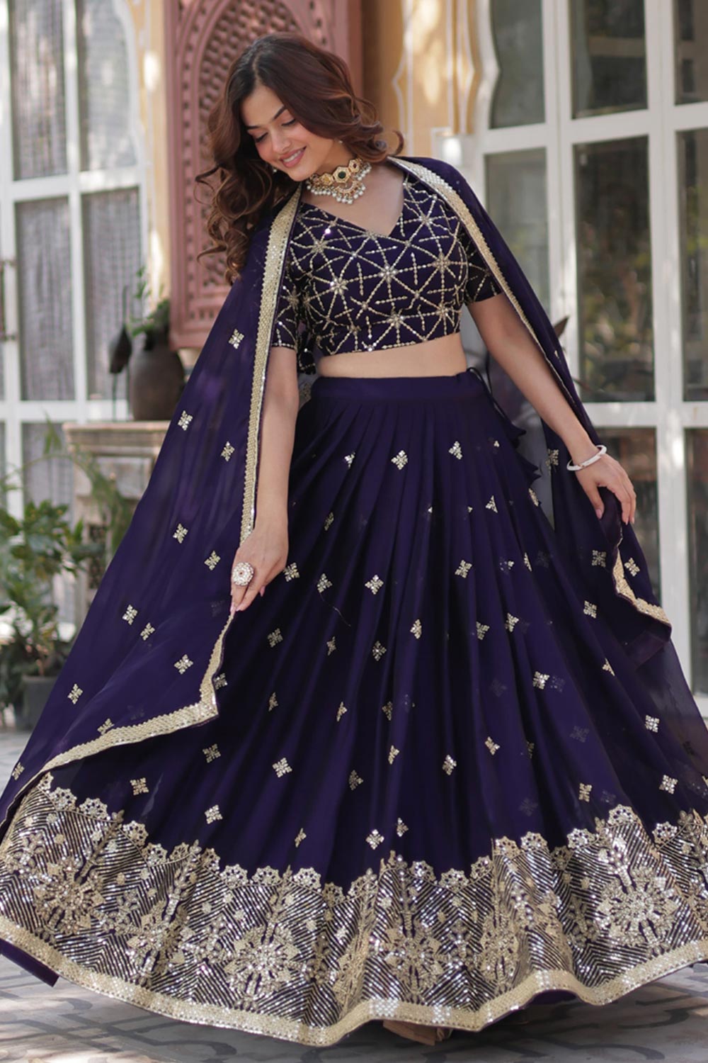 Violet Solid Embroidered Silk Lehenga Choli Set