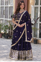 Violet Solid Embroidered Silk Lehenga Choli Set