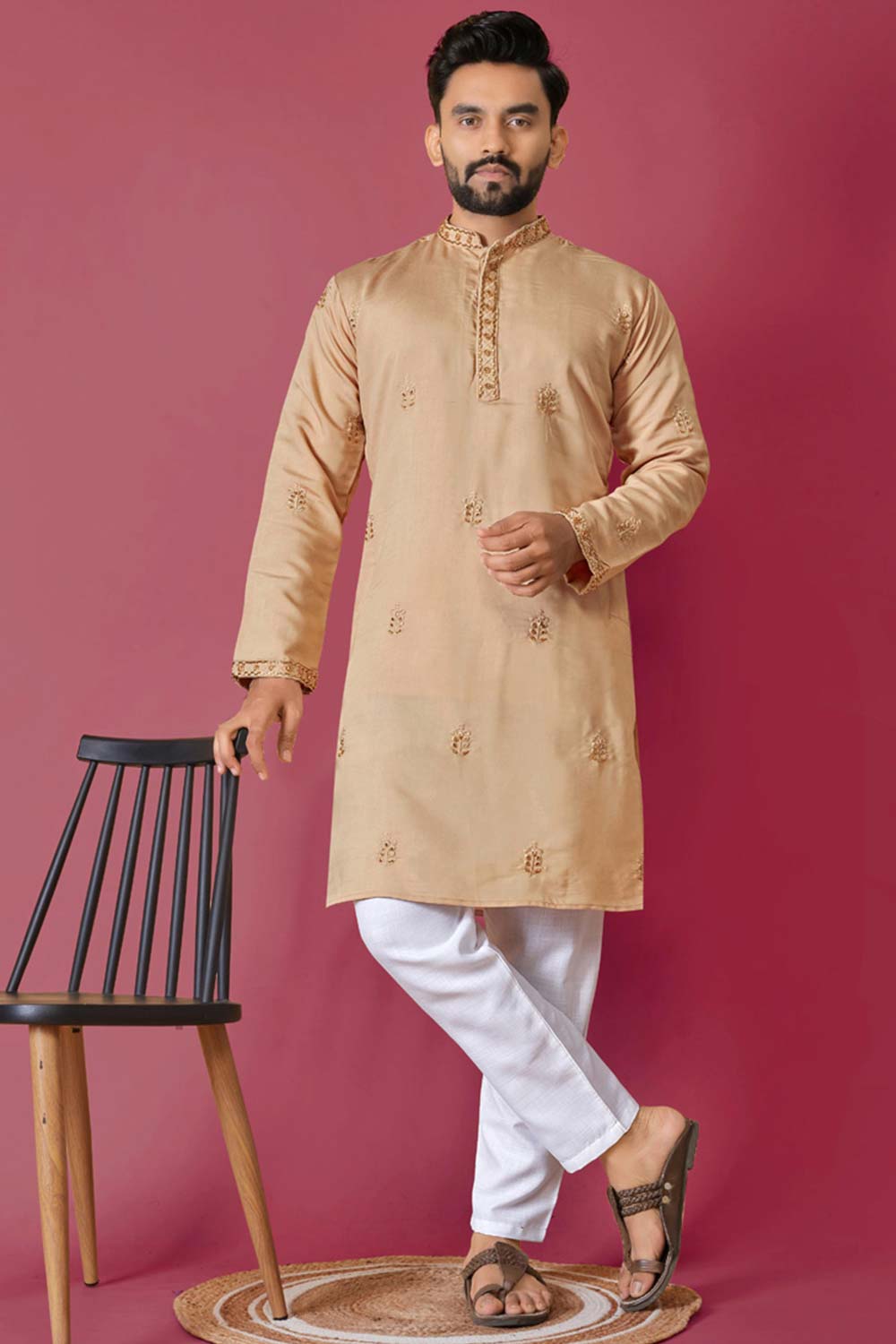 Beige Embroidered Silk Kurta Pajama Set