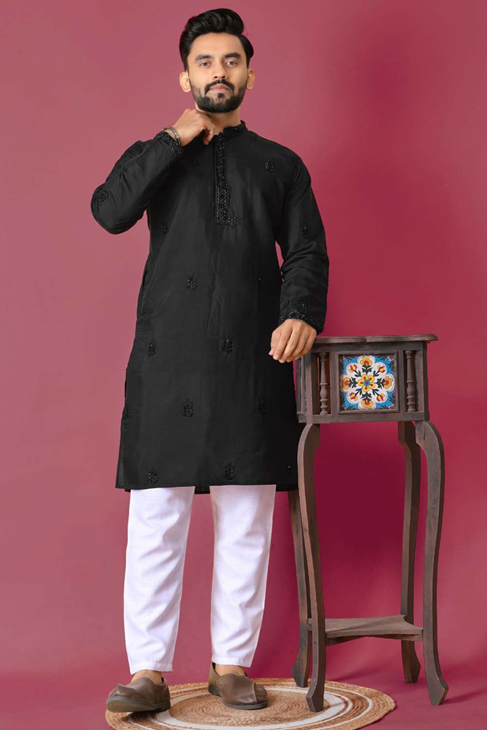 Black Embroidered Silk Kurta Pajama Set