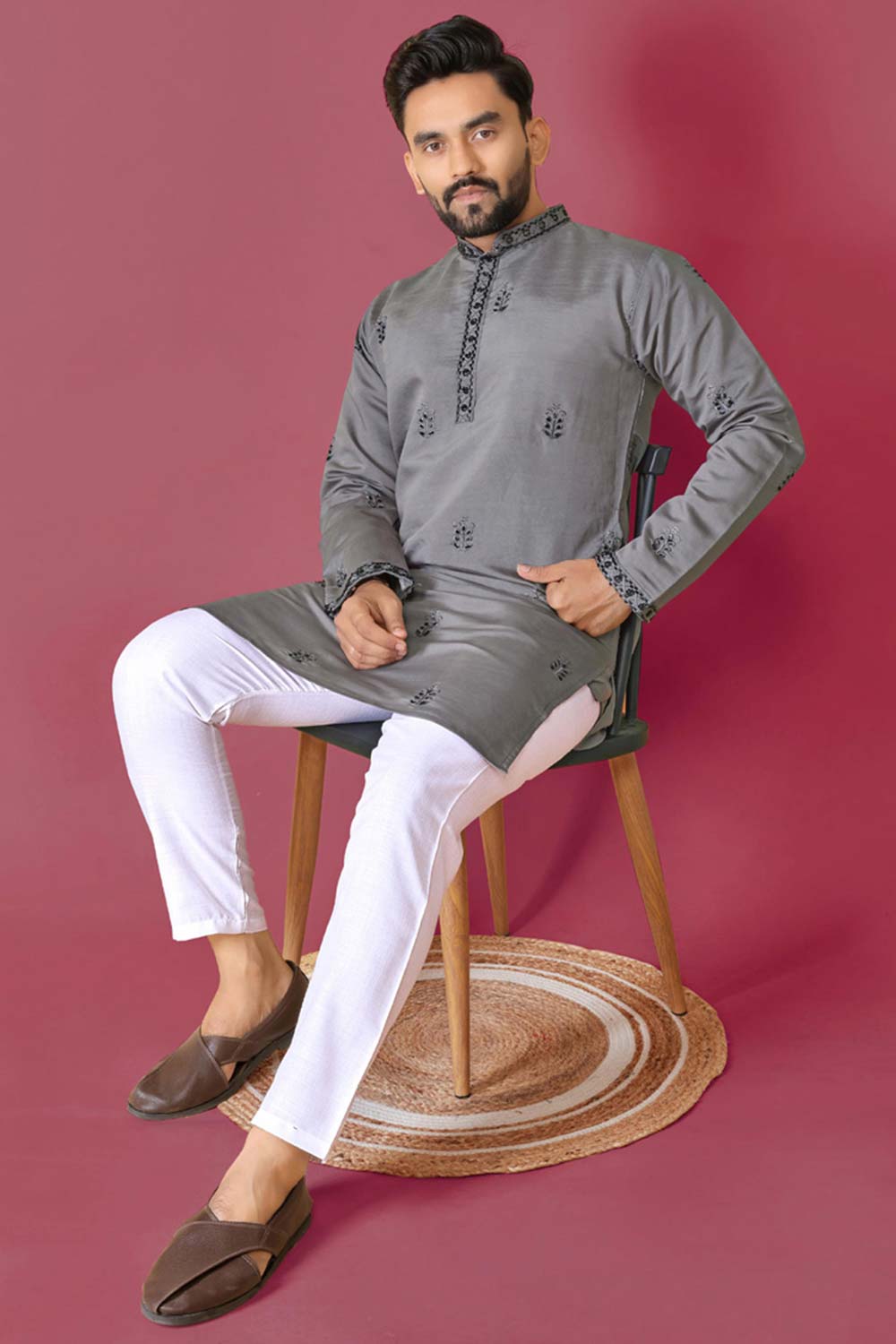 Grey Embroidered Silk Kurta Pajama Set