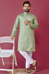 Green Embroidered Silk Kurta Pajama Set