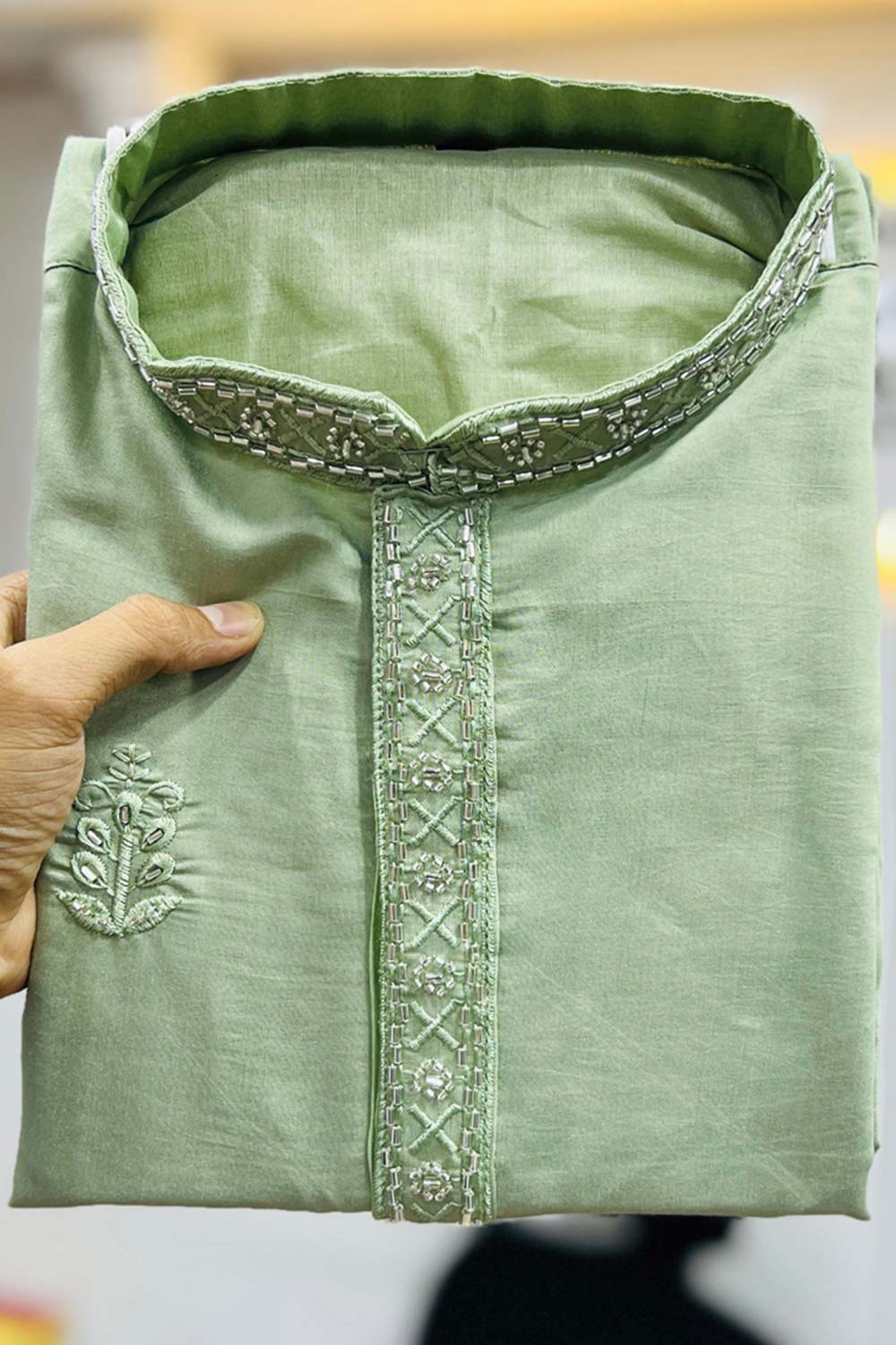 Green Embroidered Silk Kurta Pajama Set