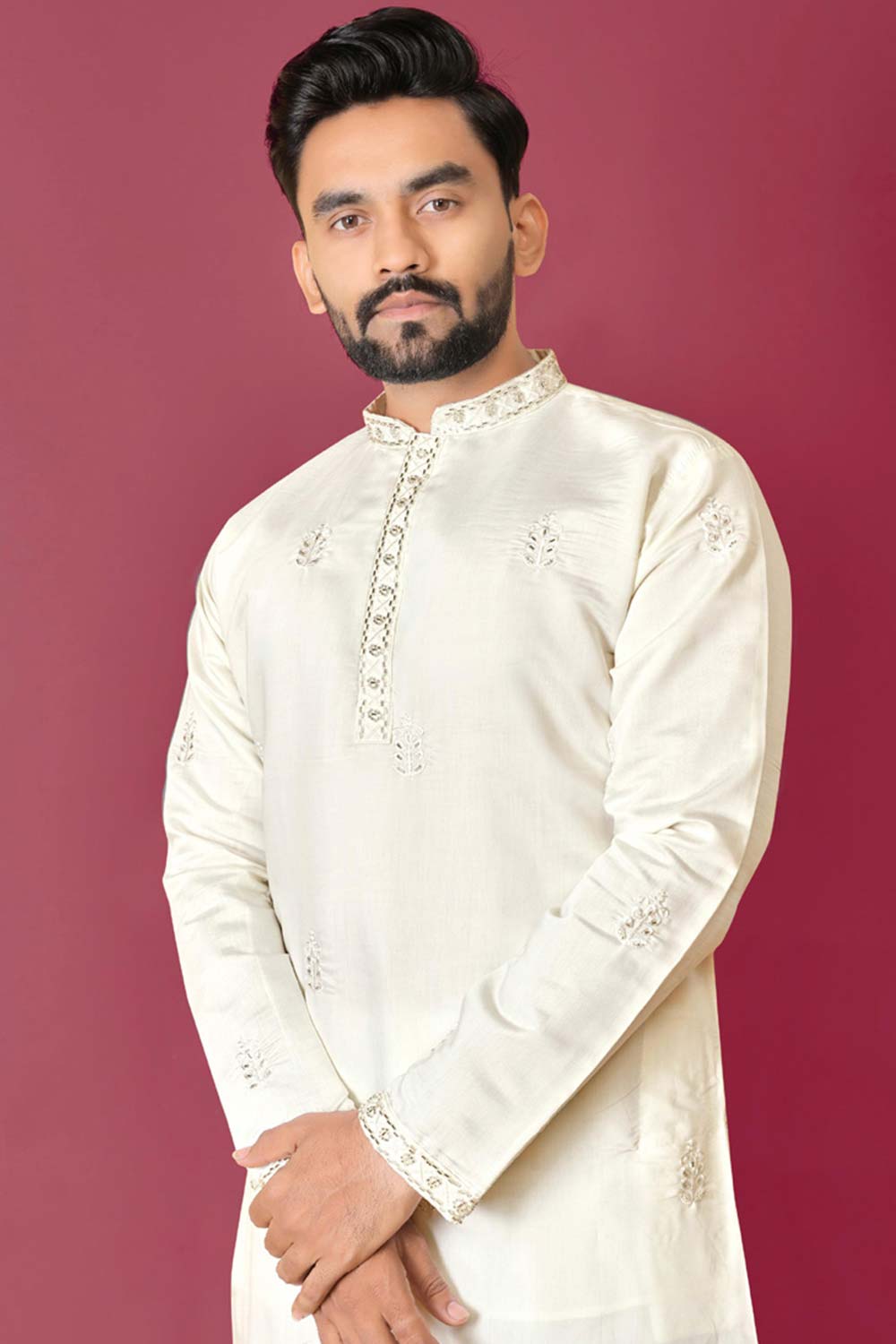 White Embroidered Silk Kurta Pajama Set