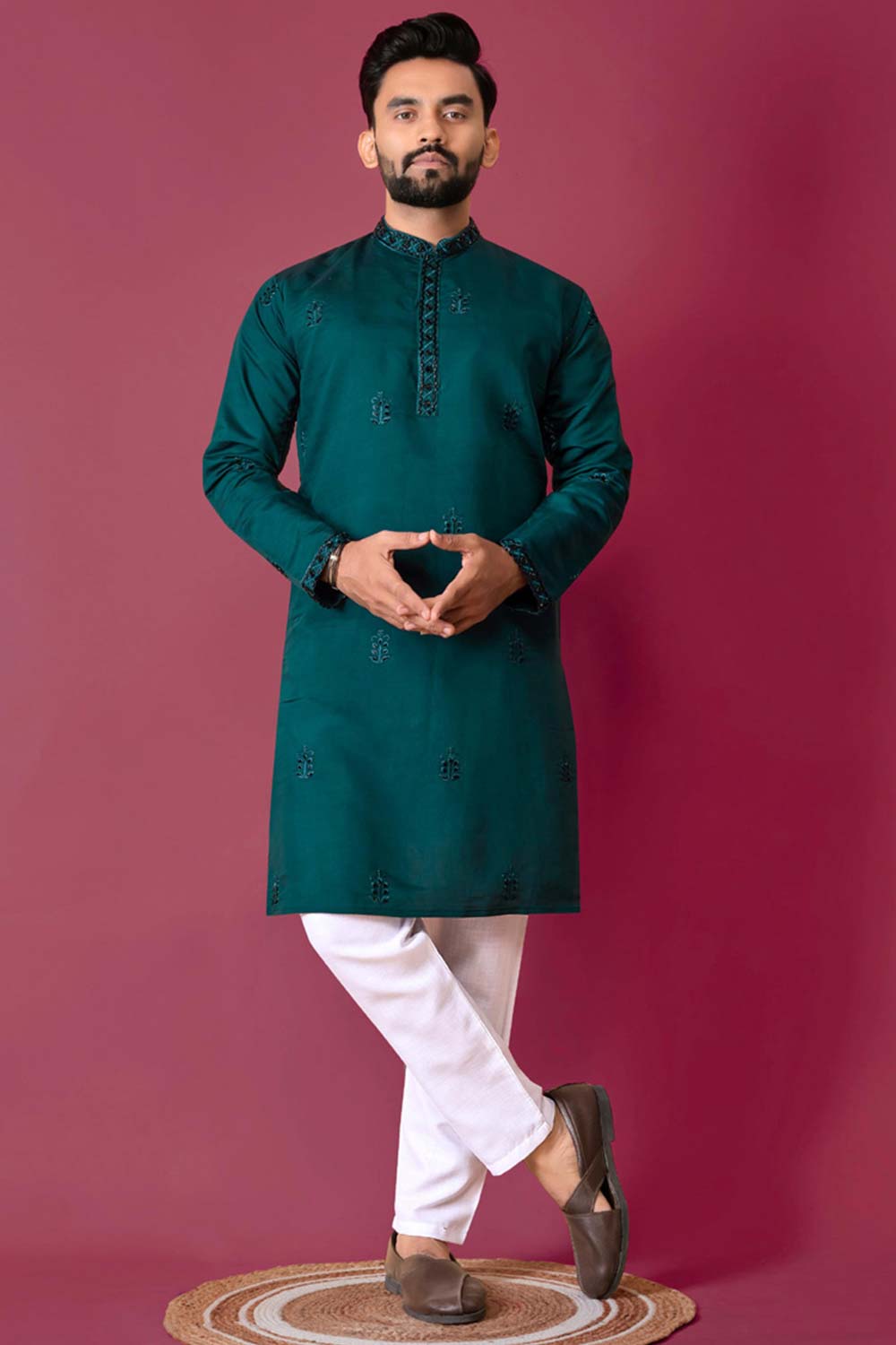 Blue Embroidered Silk Kurta Pajama Set