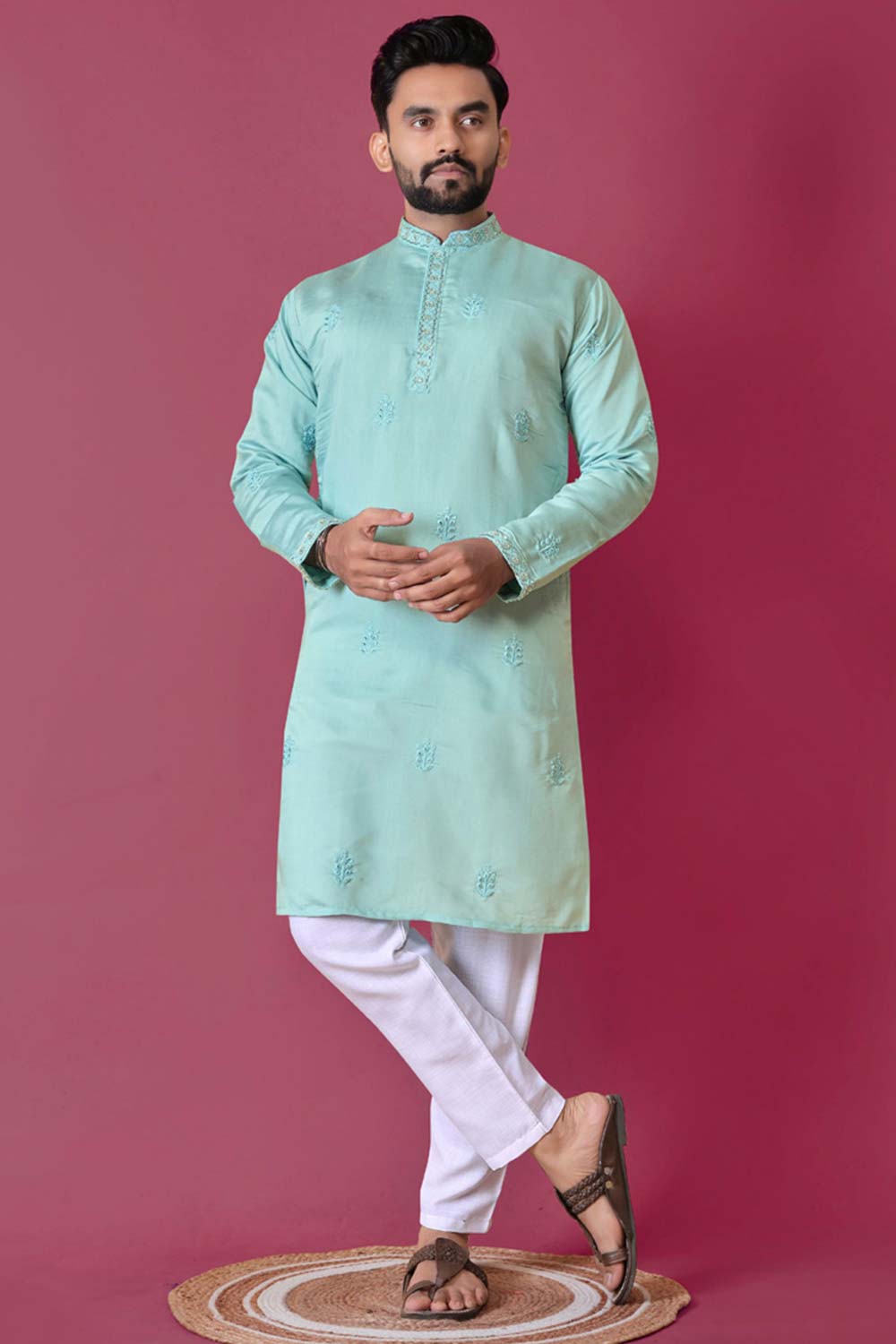 Blue Embroidered Silk Kurta Pajama Set