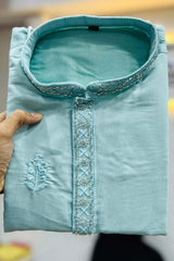 Blue Embroidered Silk Kurta Pajama Set