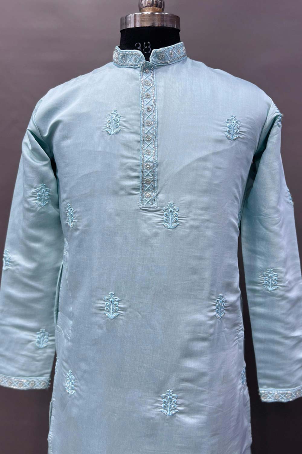 Blue Embroidered Silk Kurta Pajama Set