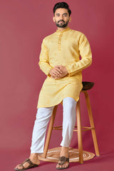 Yellow Embroidered Silk Kurta Pajama Set