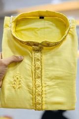 Yellow Embroidered Silk Kurta Pajama Set