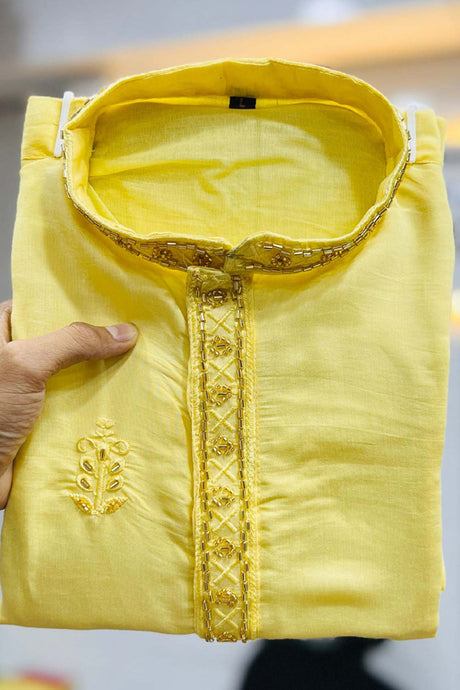 Yellow Embroidered Silk Kurta Pajama Set