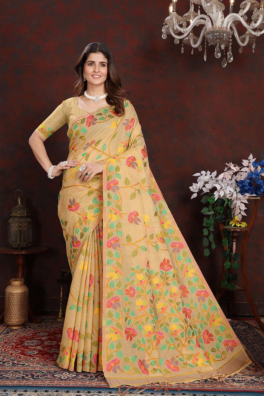 Beige Jamdani Floral Cotton Saree