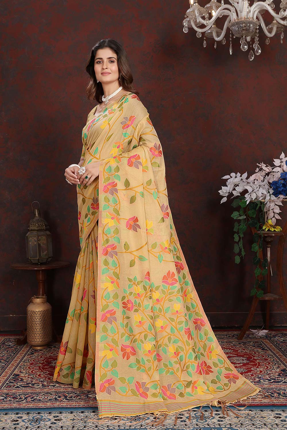 Beige Jamdani Floral Cotton Saree