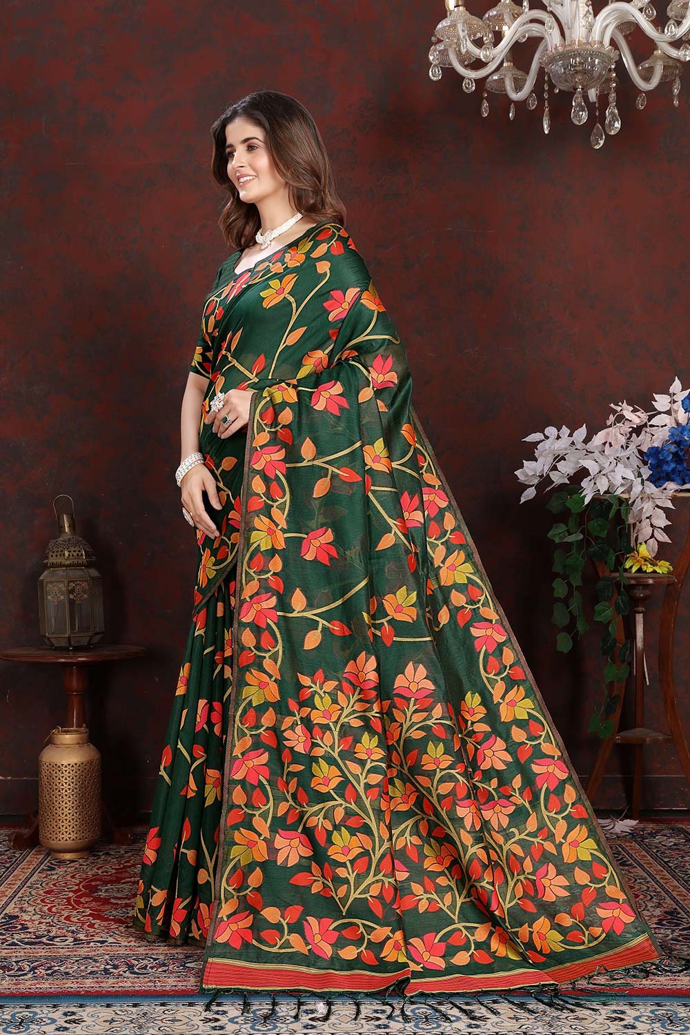 Green Jamdani Floral Cotton Saree