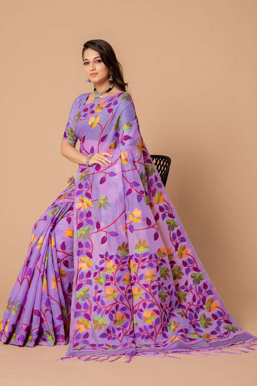 Lavender Jamdani Floral Cotton Saree