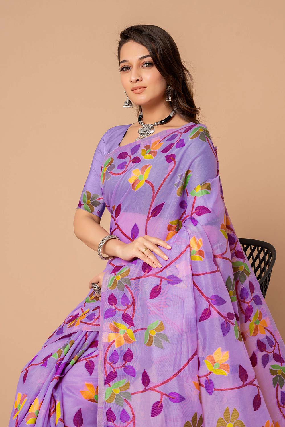 Lavender Jamdani Floral Cotton Saree