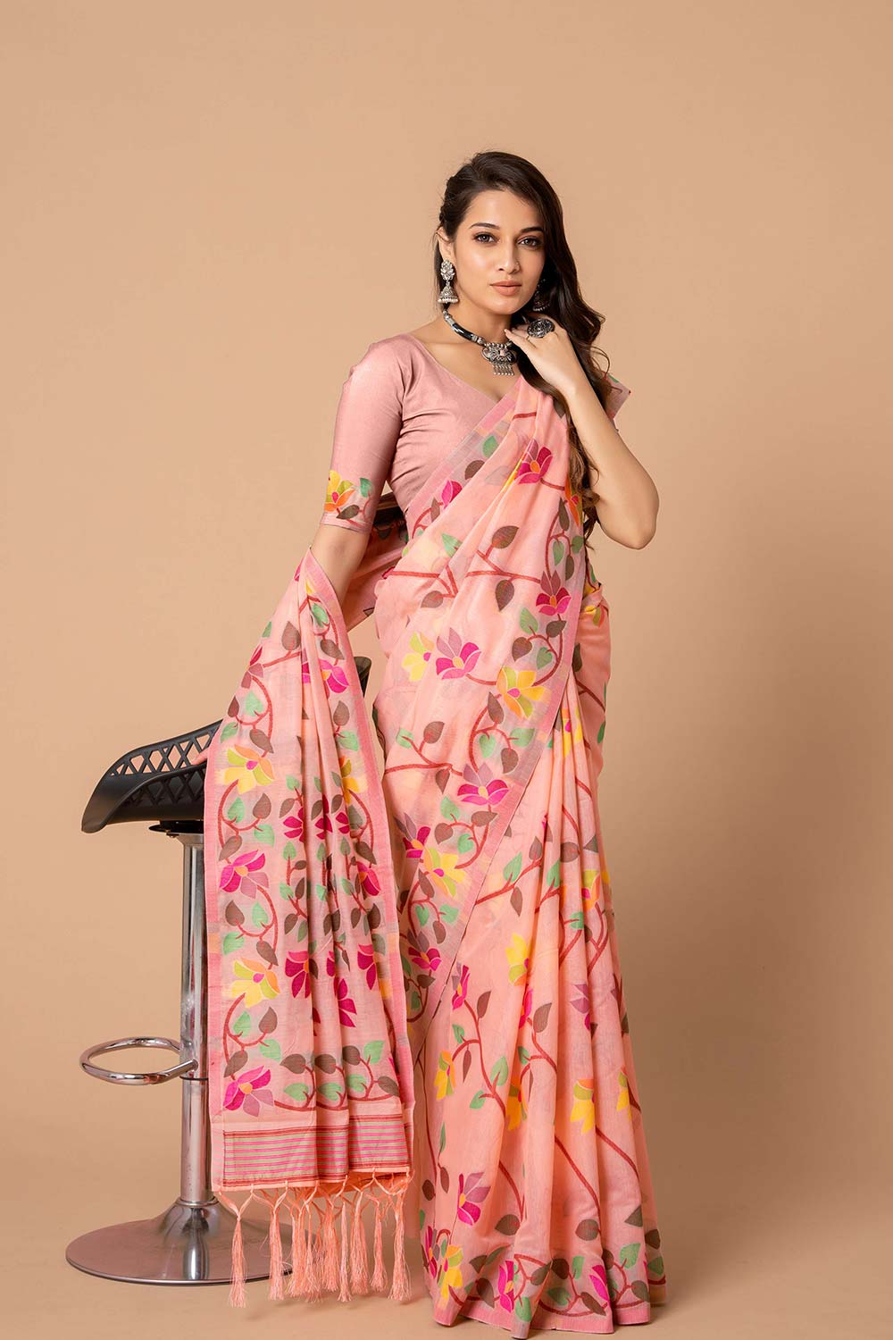 Pink Jamdani Floral Cotton Saree