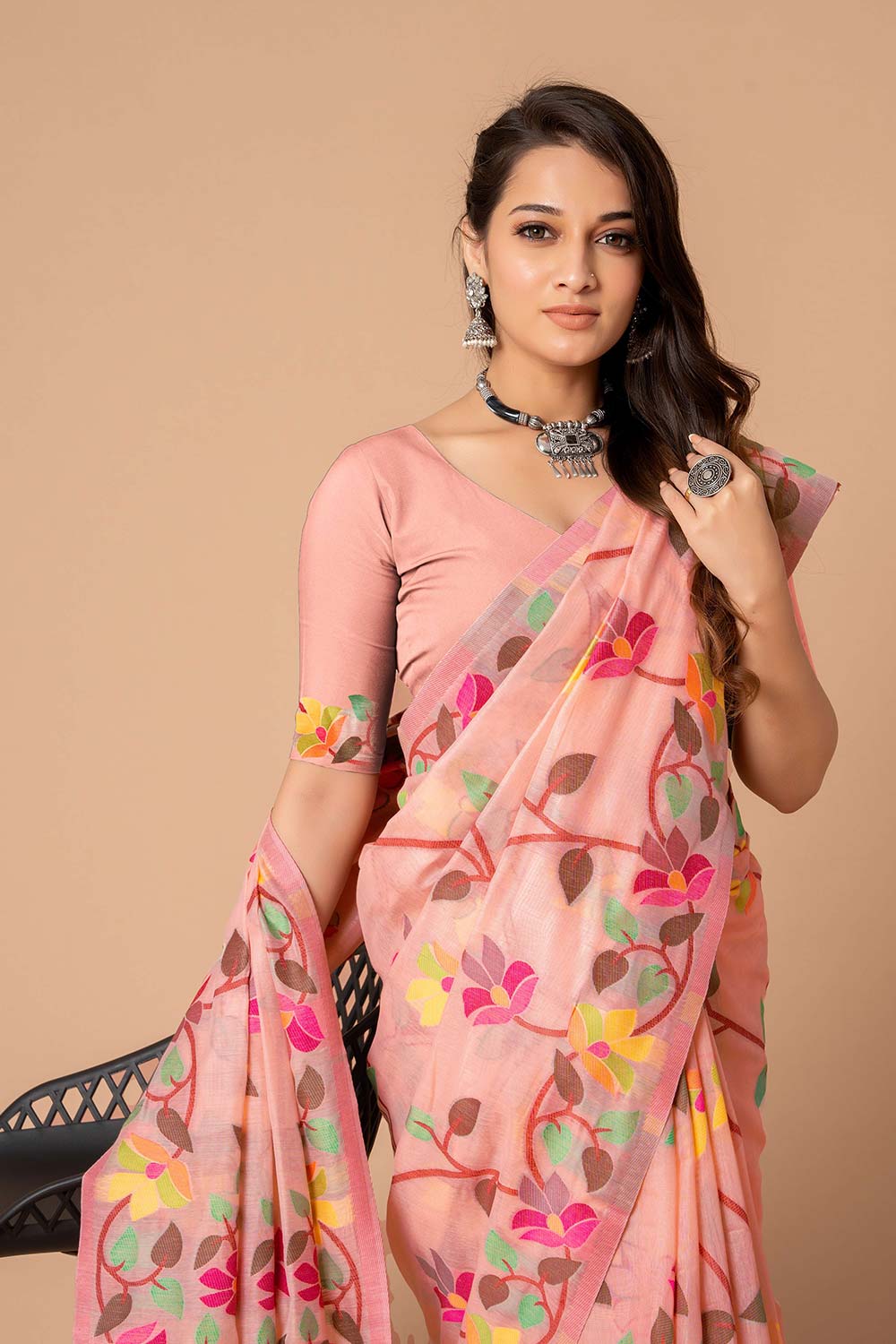 Pink Jamdani Floral Cotton Saree