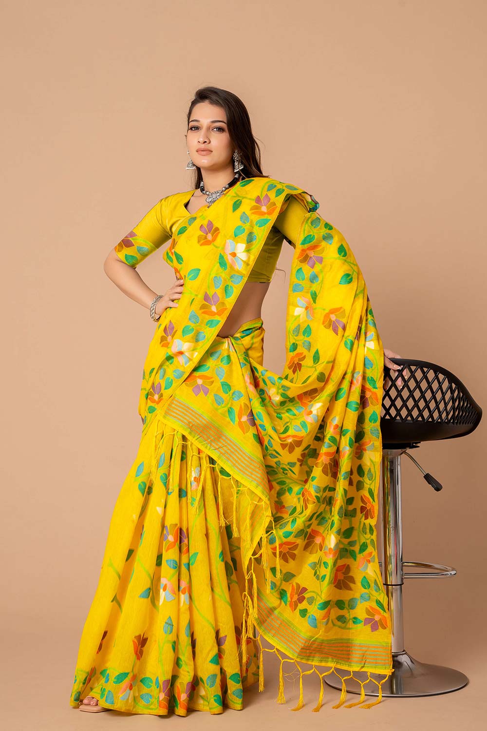 Yellow Jamdani Floral Cotton Saree