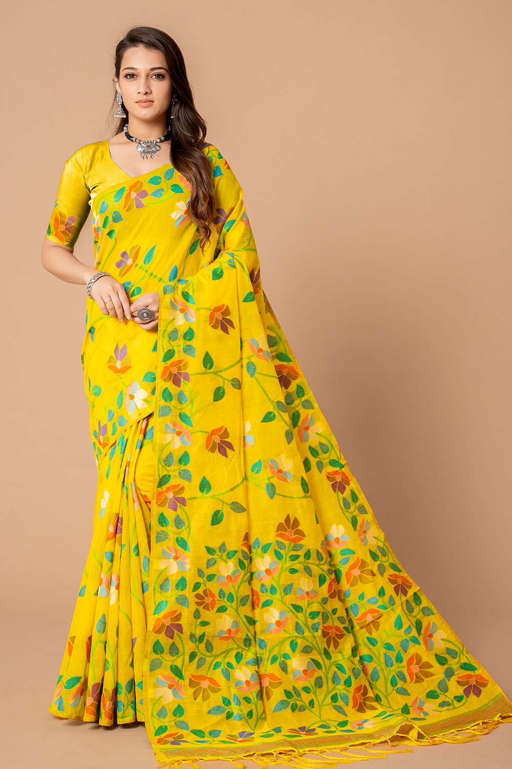 Yellow Jamdani Floral Cotton Saree