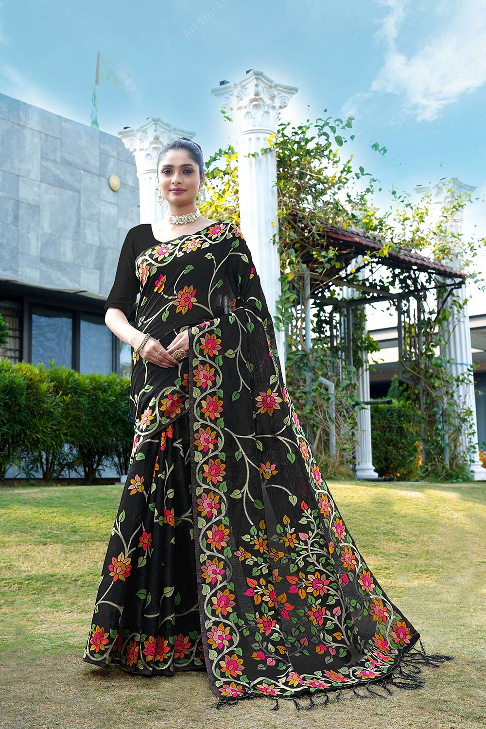 Black Jamdani Floral Cotton Saree