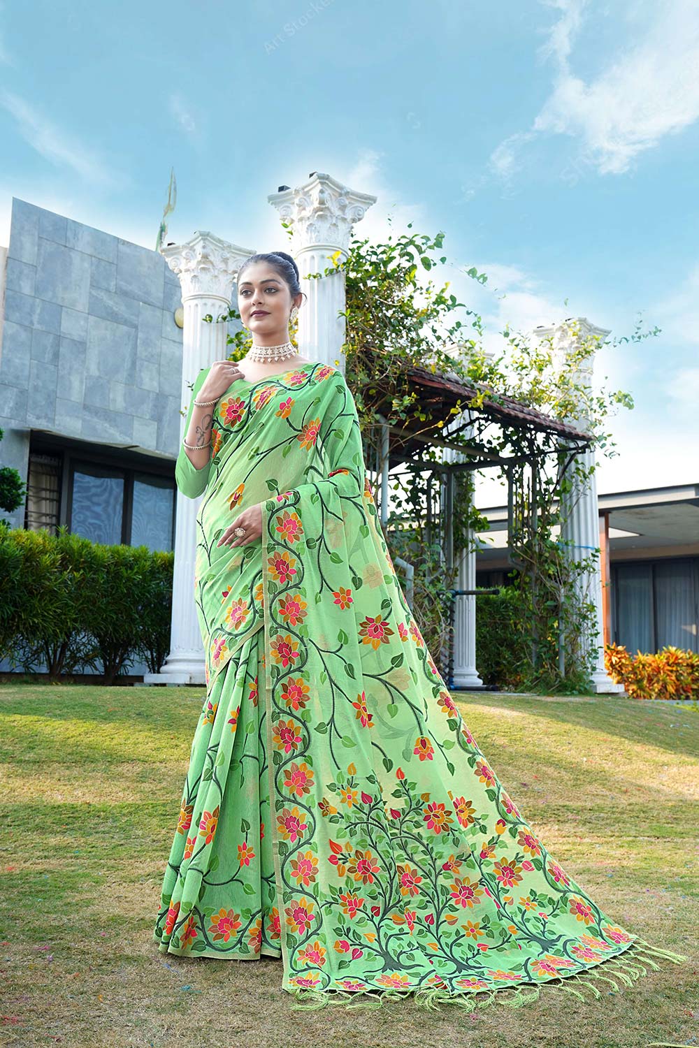 Green Jamdani Floral Cotton Saree