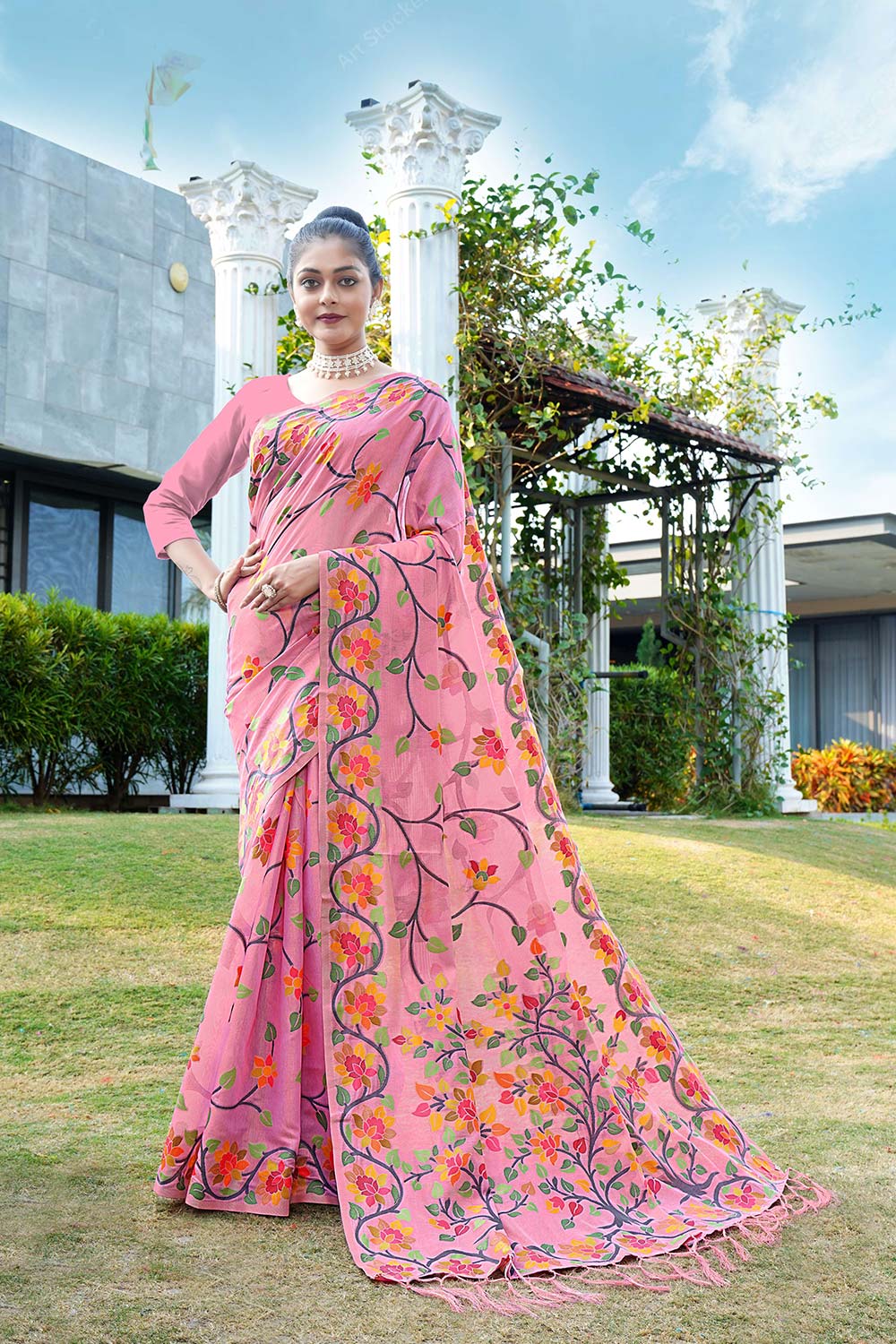 Pink Jamdani Floral Cotton Saree