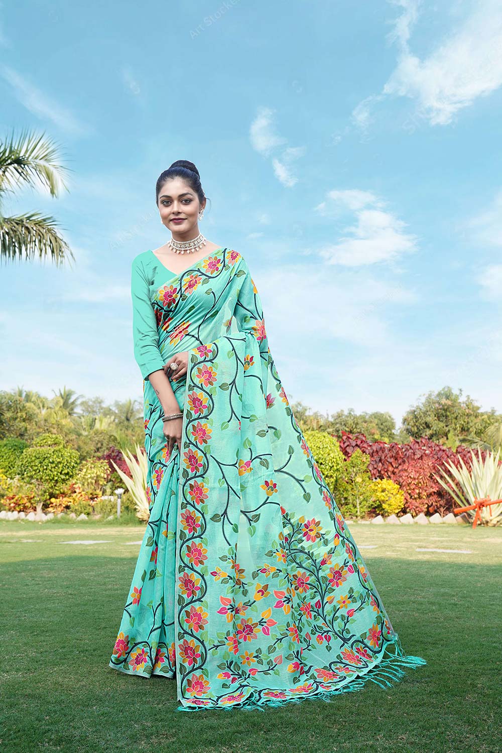 Sky Blue Jamdani Floral Cotton Saree