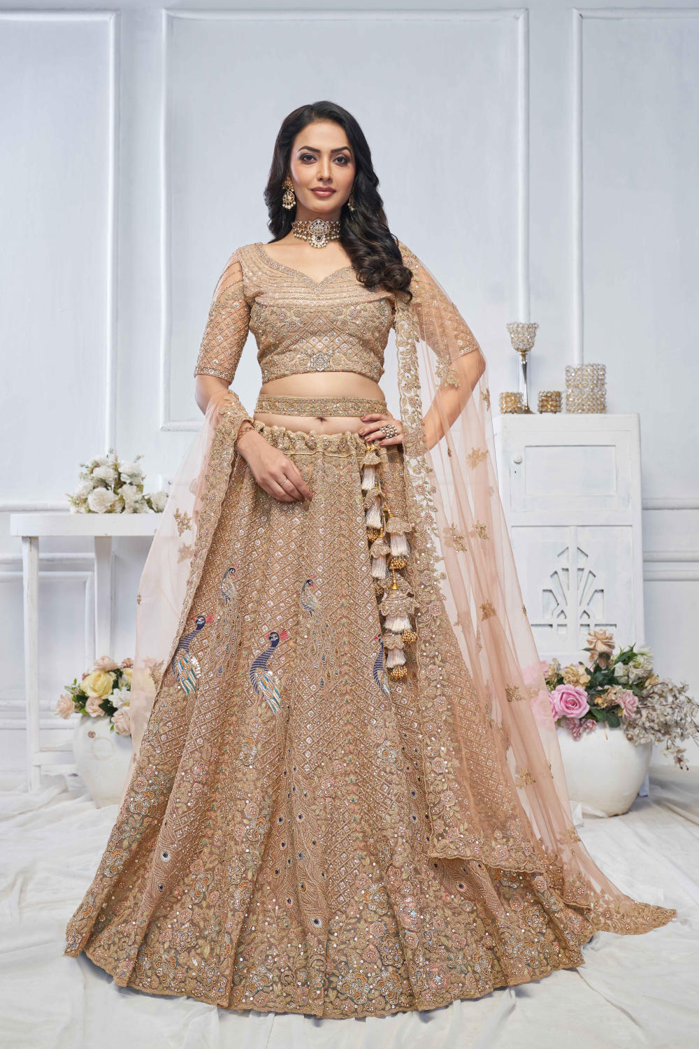 Mustard Net Embroidered Lehenga Set