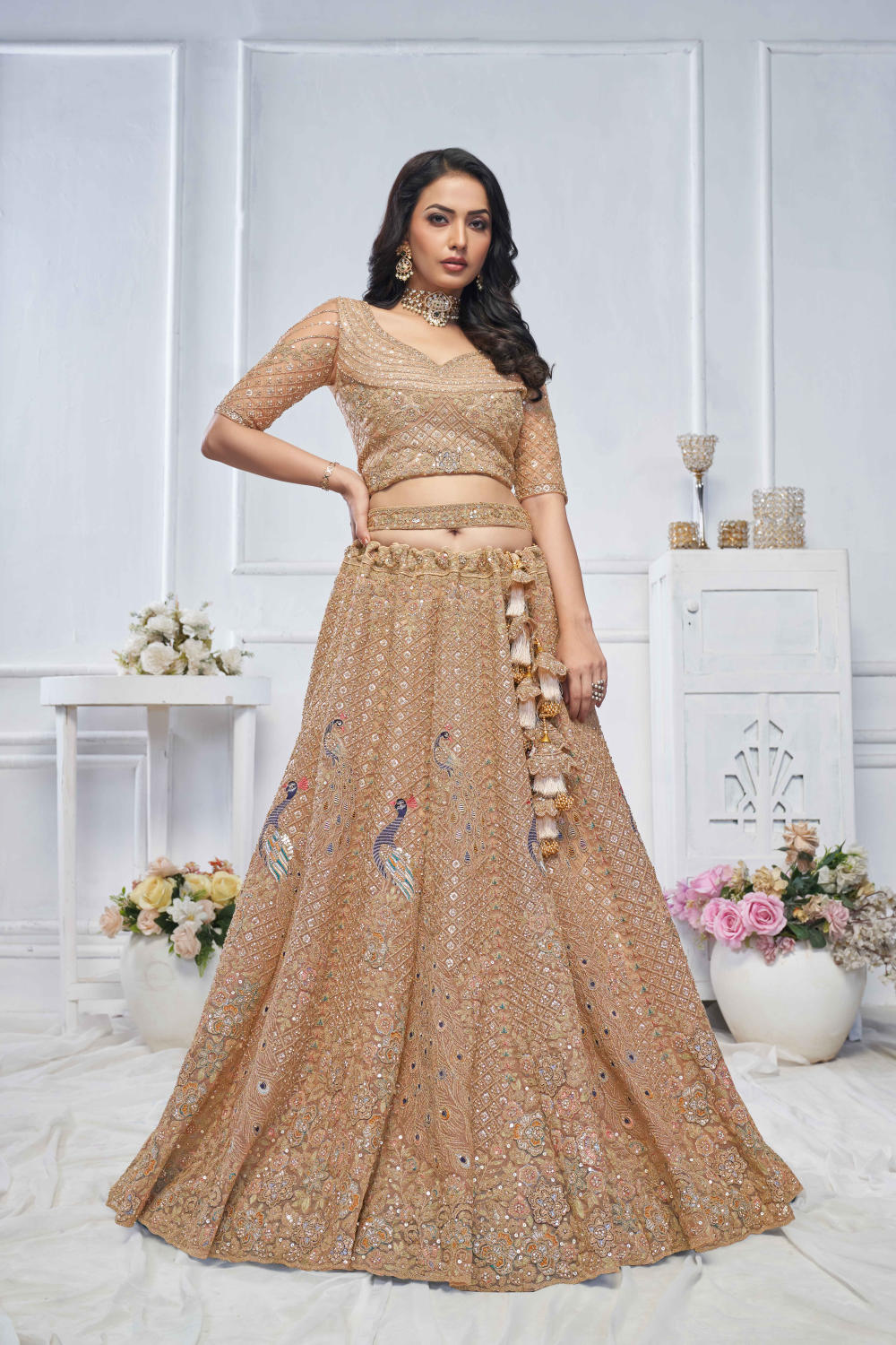 Mustard Net Embroidered Lehenga Set