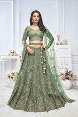 Green Net Embroidered Lehenga Set