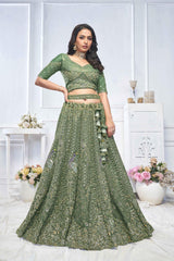 Green Net Embroidered Lehenga Set