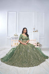 Green Net Embroidered Lehenga Set