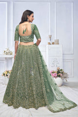 Green Net Embroidered Lehenga Set