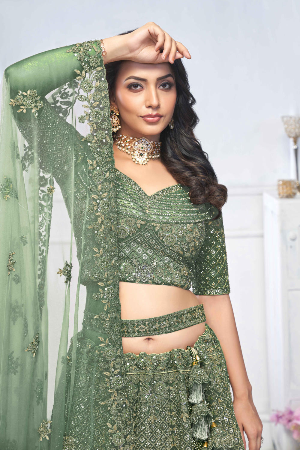 Green Net Embroidered Lehenga Set